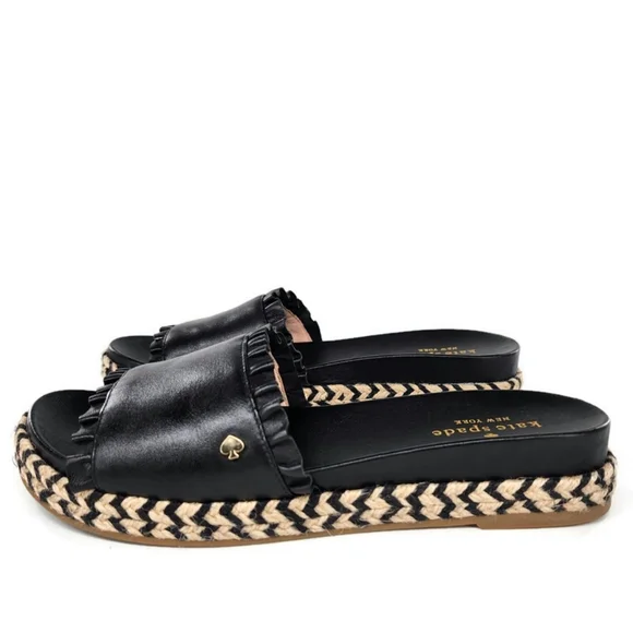 Kate Spade Zahara Black Ruffled Leather Open-Toe Slide-On Flat Espadille Sandals - Picture 3 of 10